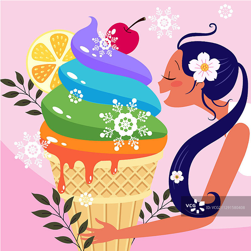 拿着大彩虹冰淇淋的女人矢量图图片素材