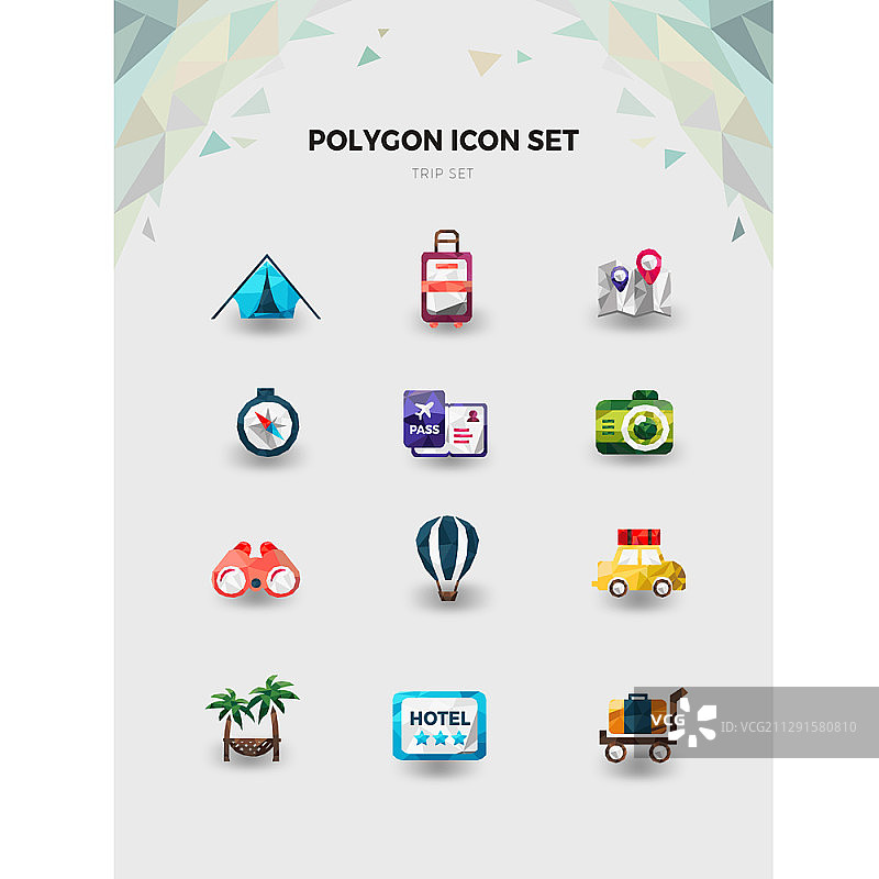 旅行主题多边形矢量图标集图片素材