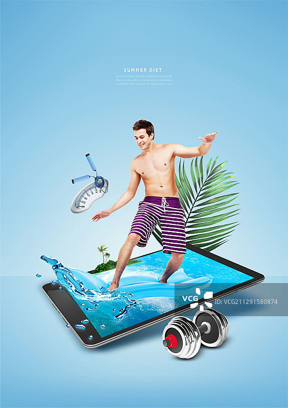 男子穿泳衣站在水中手持平板电脑屏幕合成图图片素材