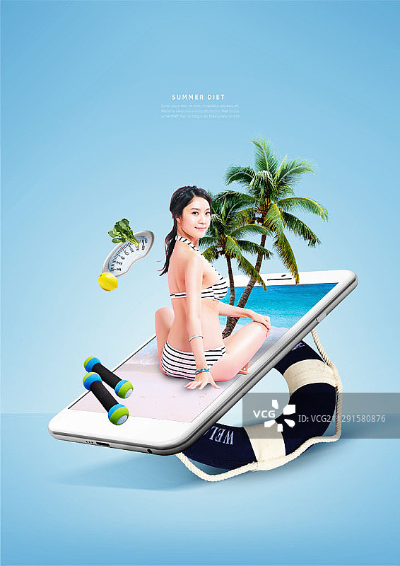比基尼美女在手机屏幕上，手持哑铃和救生圈的合成图图片素材