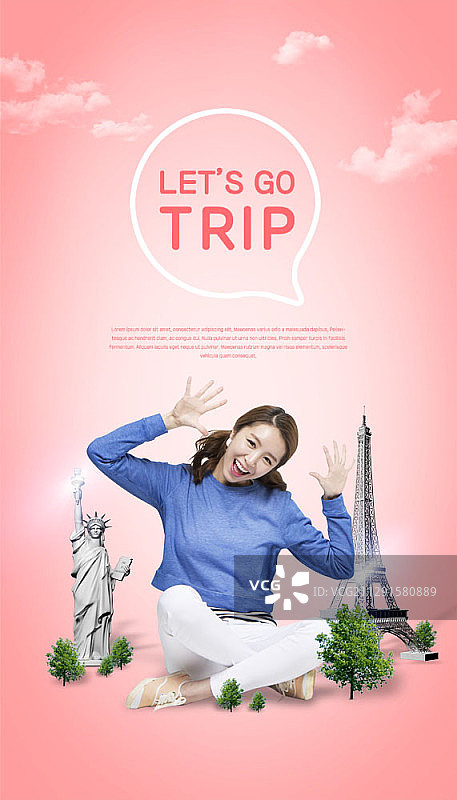 女子与自由女神像和埃菲尔铁塔合影的合成图像图片素材