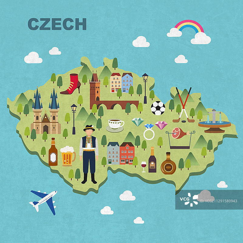 捷克共和国地图和旅游景点矢量插画图片素材