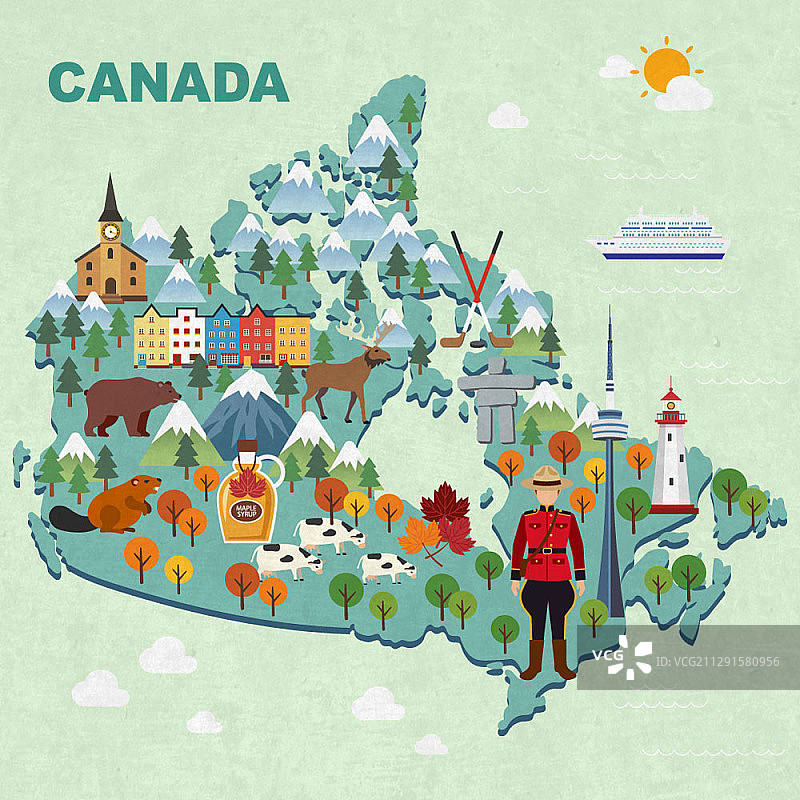 加拿大地图和旅游景点的矢量插画图片素材