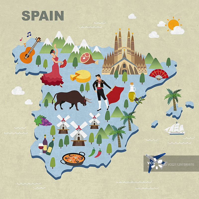 西班牙地图和旅游景点矢量插画图片素材