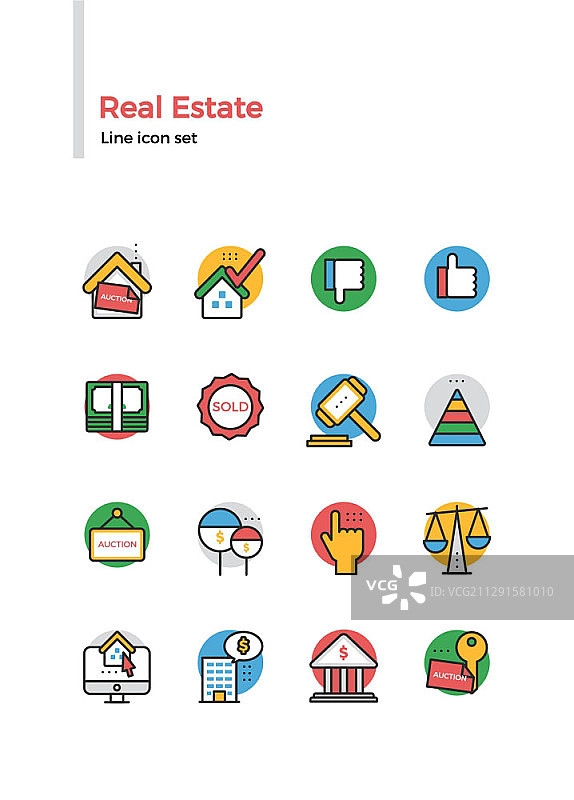 房地产主题线条彩色图标集图片素材