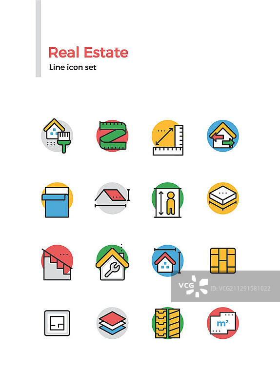 房地产主题线条彩色图标集图片素材