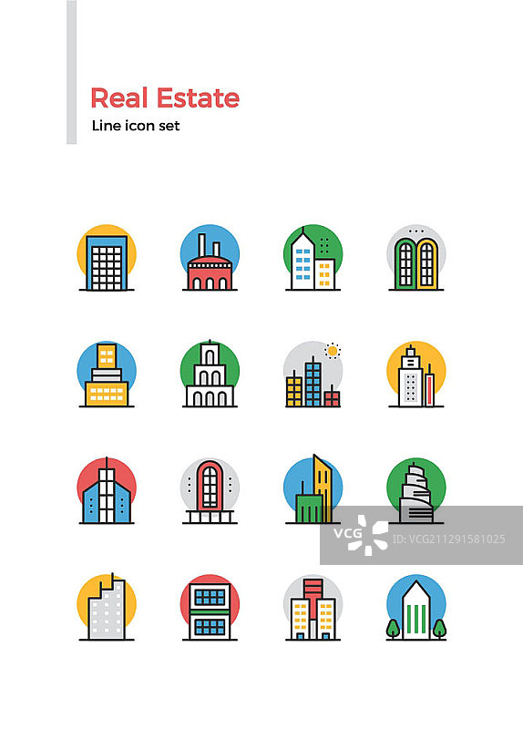 房地产主题线条彩色图标集图片素材