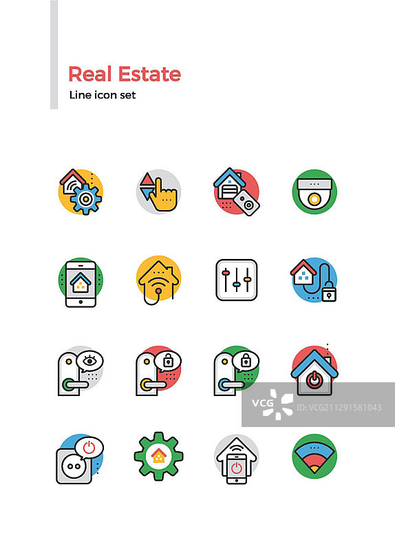 房地产主题线条彩色图标集图片素材