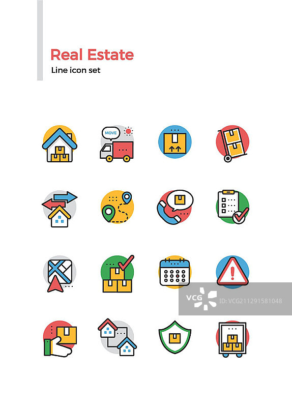 房地产主题线条彩色图标集图片素材
