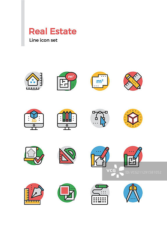 房地产主题线条彩色图标集图片素材