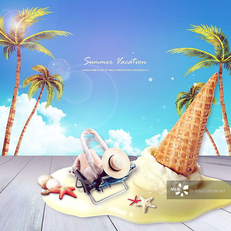 棕榈树、融化的冰淇淋与夏季元素合成图片素材