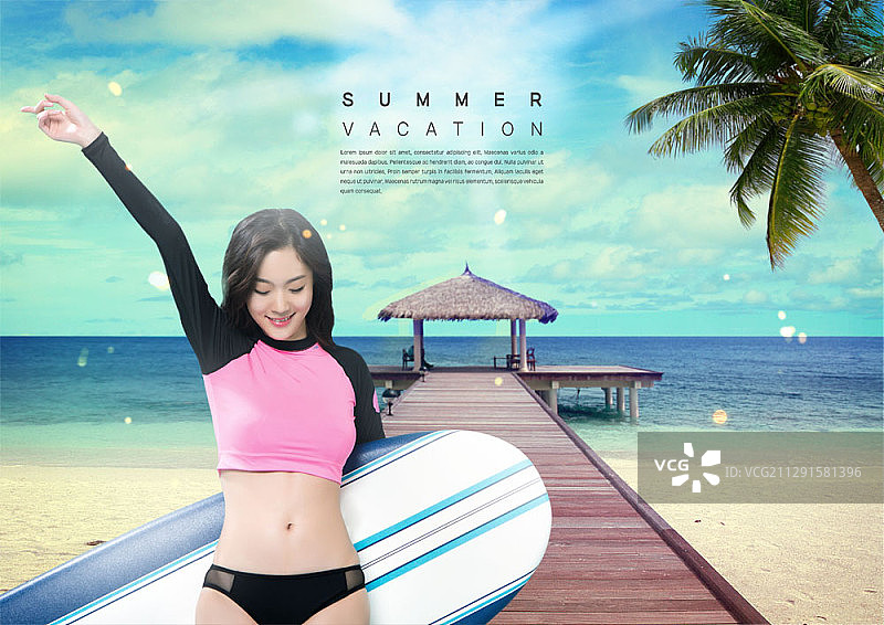 比基尼女郎在海滩冲浪的合成图图片素材