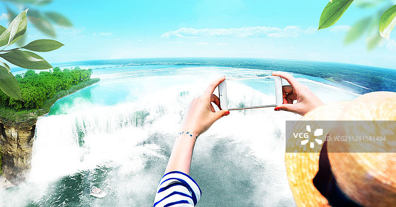 女子在瀑布旁用手机拍照的合成图图片素材
