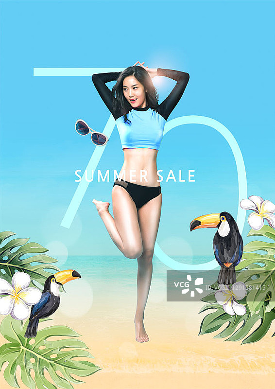 比基尼女性坐在飞机上与夏季元素合成图片素材