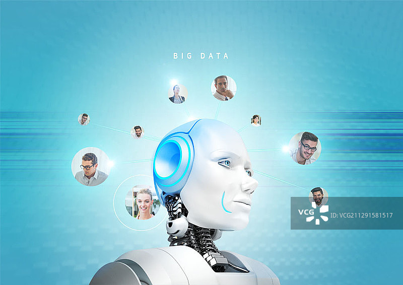 机器人头部与西方人照片合成图片素材