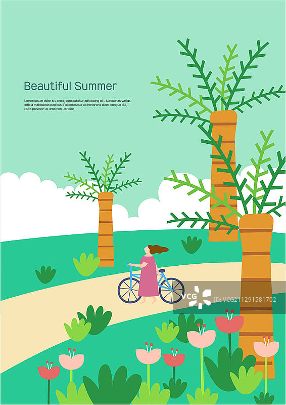 以女性为主题的美丽夏日自然风光概念矢量插画图片素材