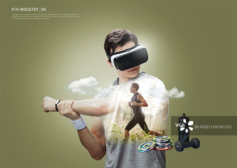 男人戴VR设备锻炼复合图图片素材
