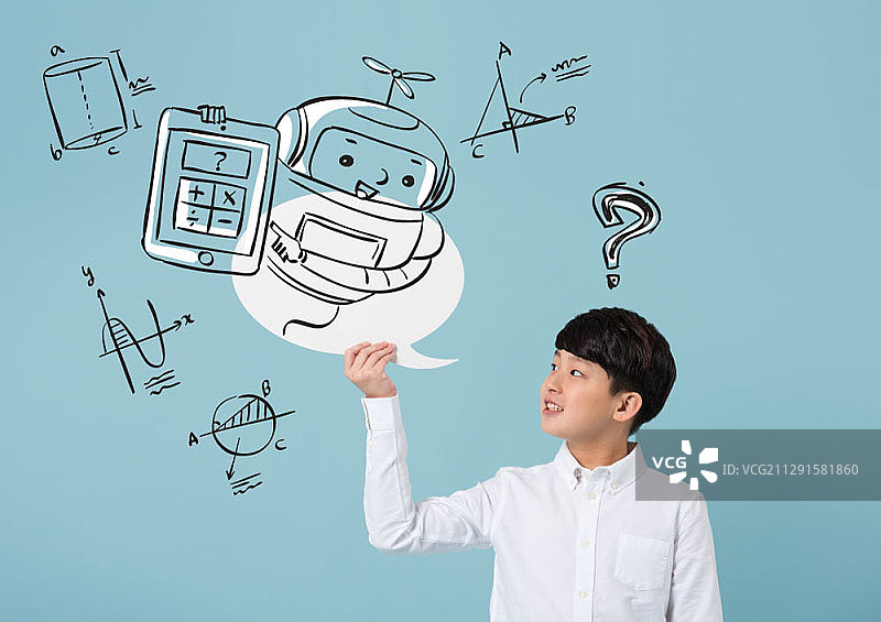 男孩、机器人素描与数学公式合成图像图片素材