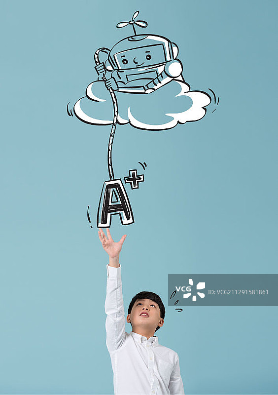 男孩伸手触摸机器人A+符号的合成图图片素材