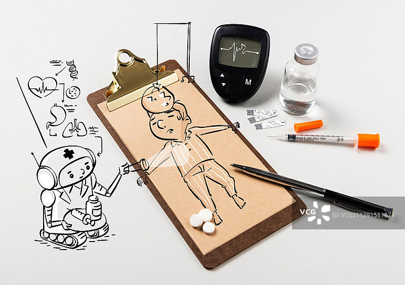 男子素描与医疗诊断机器人的合成图图片素材