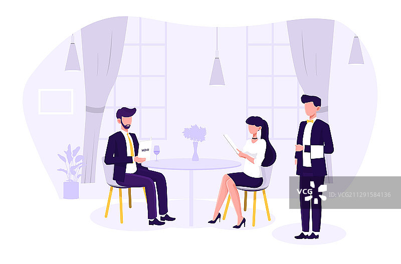 情侣在餐厅用餐，服务员服务图片素材