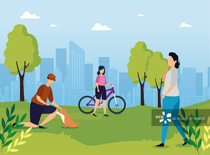 在有城市景观的公园里的人们图片素材