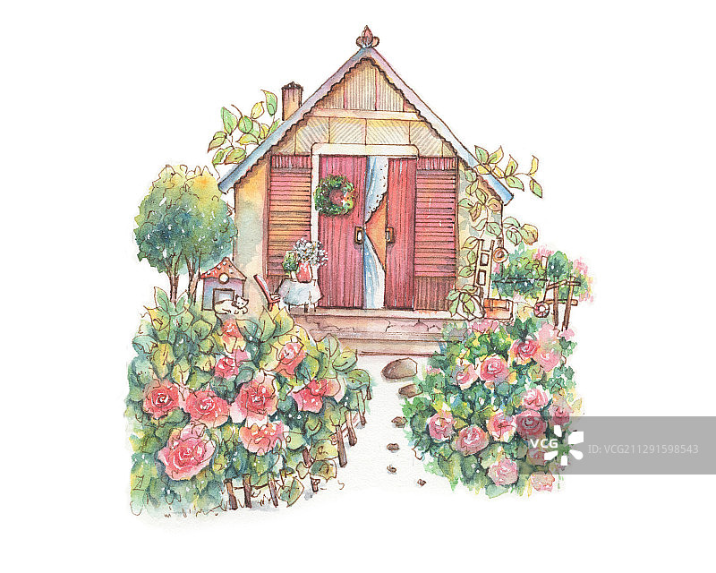 清新水彩手绘卡通童趣的建筑房屋小房子系列尖顶花园洋房小木屋图片素材