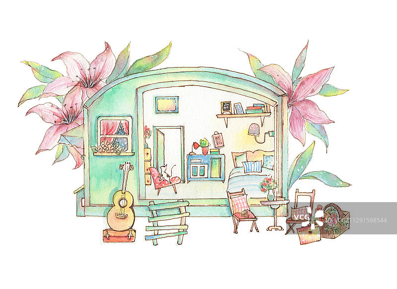清新水彩手绘卡通童趣的建筑园林房车改造小商铺图片素材