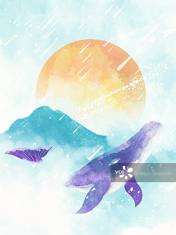 梦幻鲸鱼星空插画图片素材