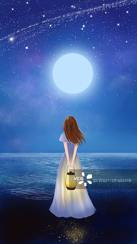 夏夜星空下的提灯女孩图片素材