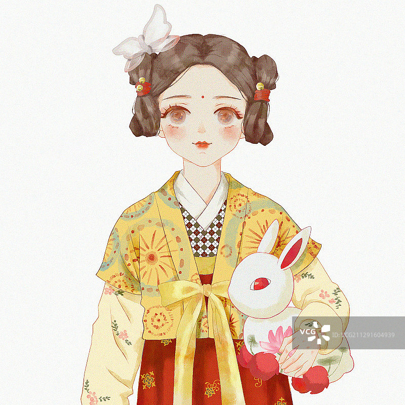 古代小丫头抱着玩偶图片素材