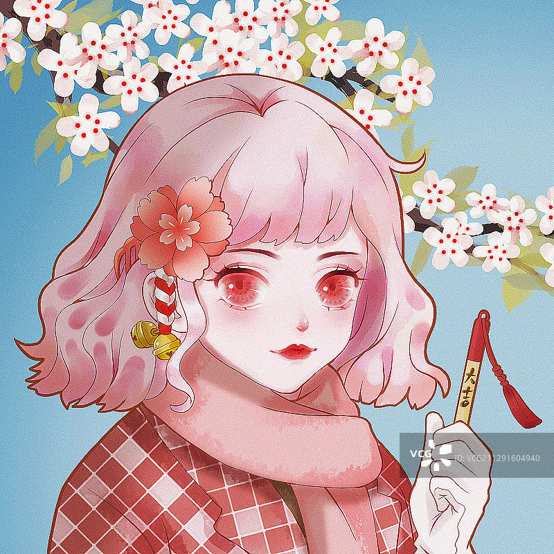 樱花树下抽签祈福的少女图片素材