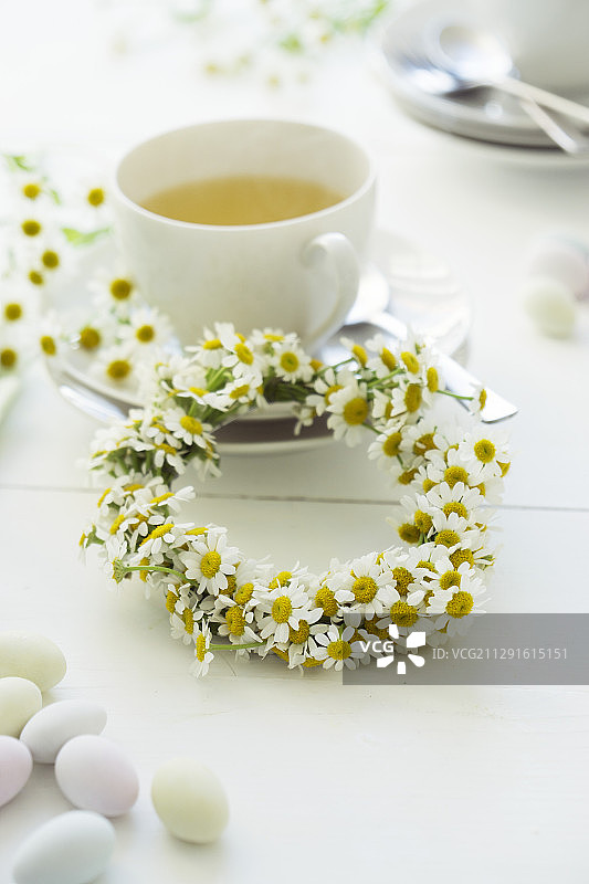 节日餐桌上的洋甘菊和茶杯图片素材