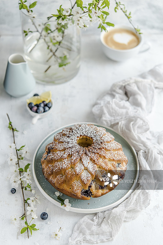 复活节蛋糕蓝莓柠檬撒糖粉咖啡背景图片素材