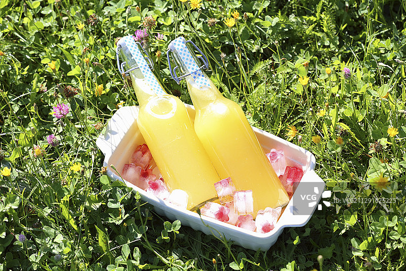 水果冰块上的柠檬水瓶图片素材