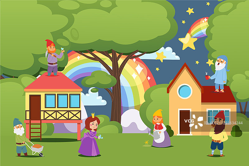 童话村庄里的可爱卡通小矮人图片素材