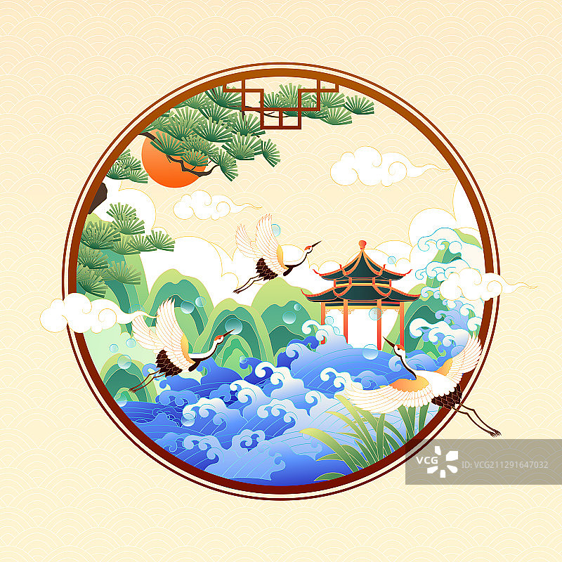 中国风圆形构图山水风景矢量插画图片素材
