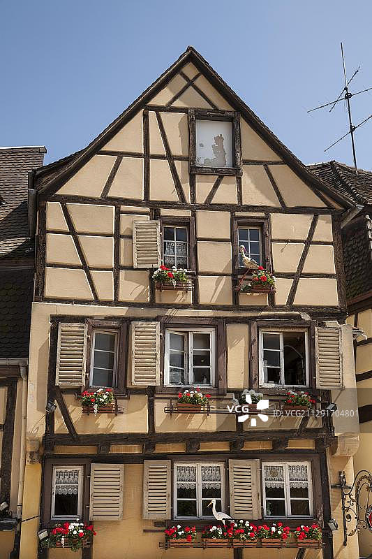 法国科尔马历史中心带有鹳鸟形象的半木结构房屋图片素材