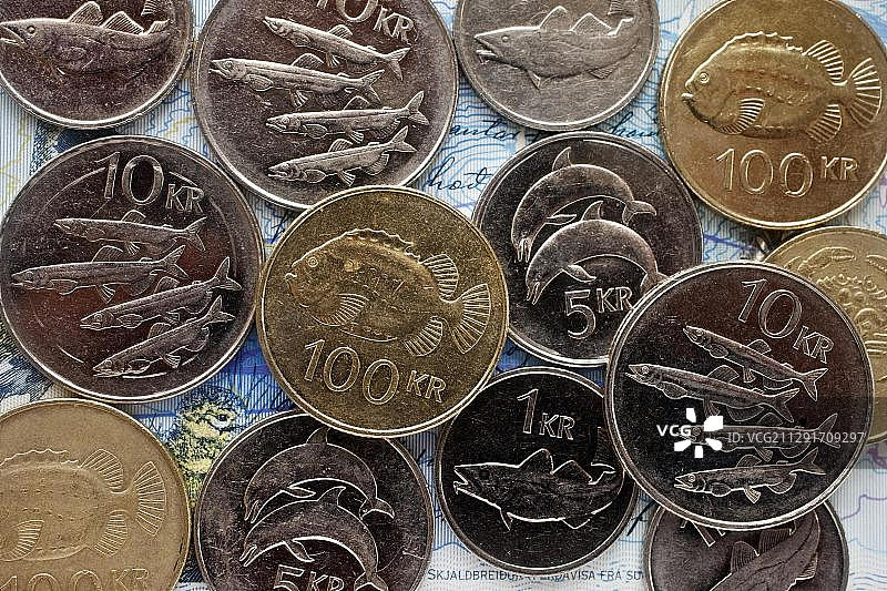 冰岛克朗，货币，带有鱼和海洋动物的硬币，冰岛，欧洲图片素材