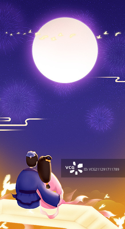 七夕牛郎织女依偎赏月的背影图片素材