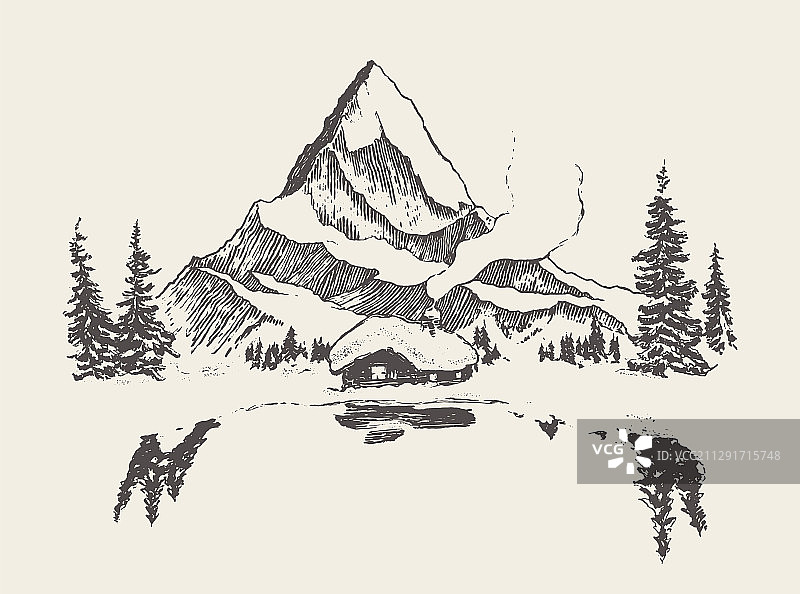 舒适的湖畔小木屋素描图片素材