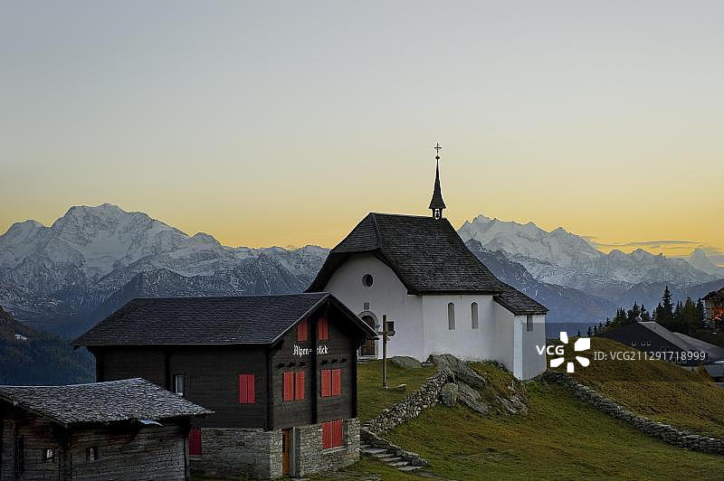 贝特默阿尔卑，日落，瓦莱州，瑞士，欧洲图片素材