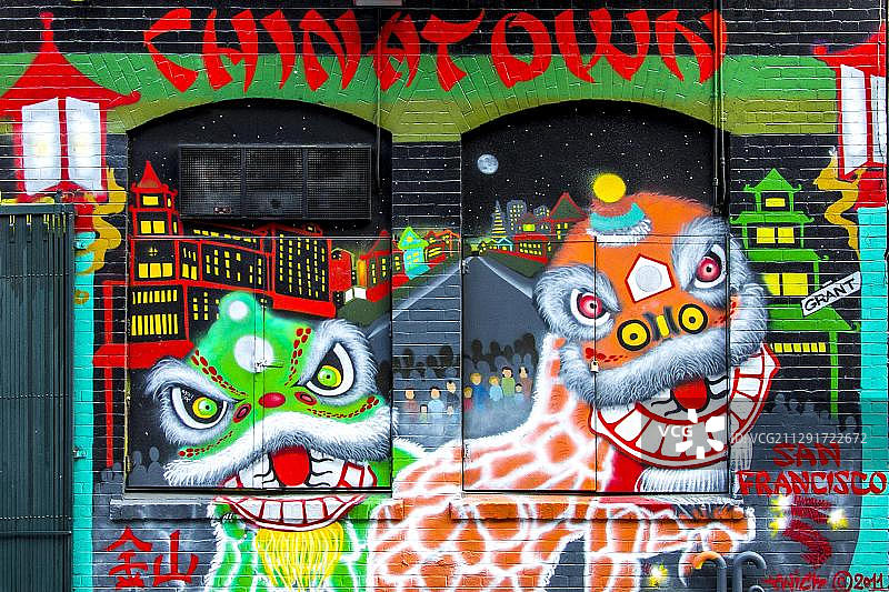 旧金山唐人街涂鸦墙图片素材