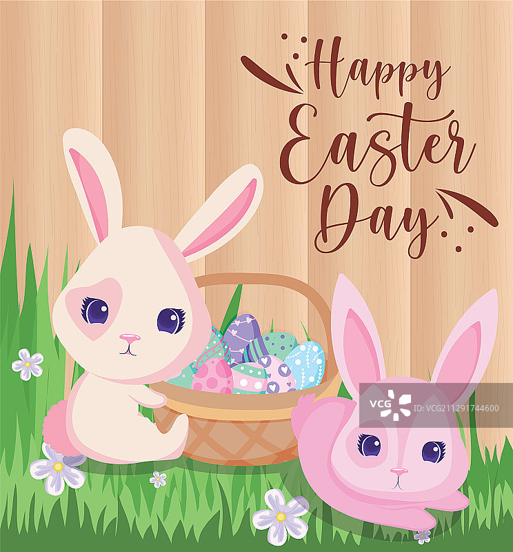 复活节快乐兔子与彩蛋篮子图片素材