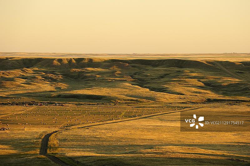 位于加拿大萨斯喀彻温省草原中央的孤独农场图片素材