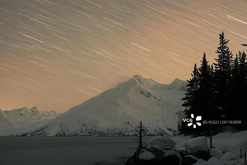 哈里曼峡湾夜景，长曝光，蛇形湾，阿拉斯加州安克雷奇，美国图片素材