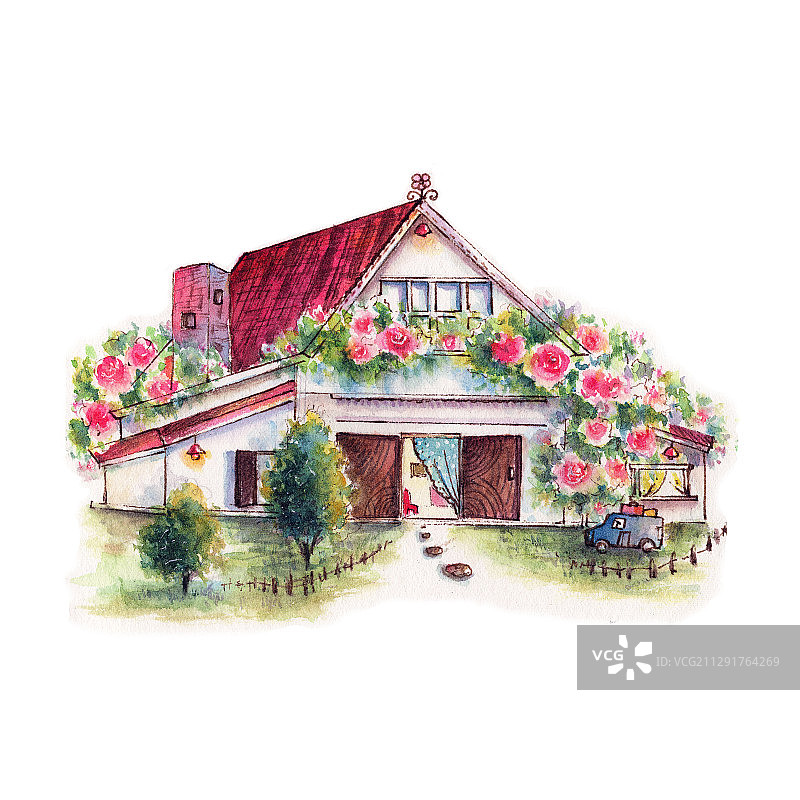 清新水彩手绘卡通童趣的建筑房屋小房子系列车库别墅梦想家园图片素材