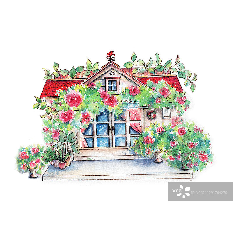 清新水彩手绘卡通童趣的建筑房屋落地窗红色蔷薇月季花花园别墅图片素材