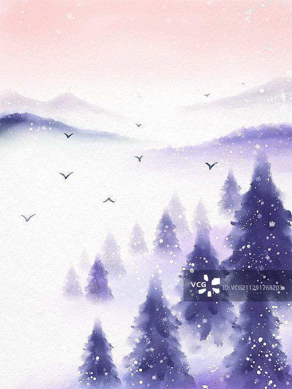 冬天下雪的森林小清新水彩插画图片素材