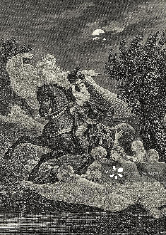 德国插画家费迪南德·罗特巴特的历史钢版画：父子在暴风雨之夜骑行图片素材